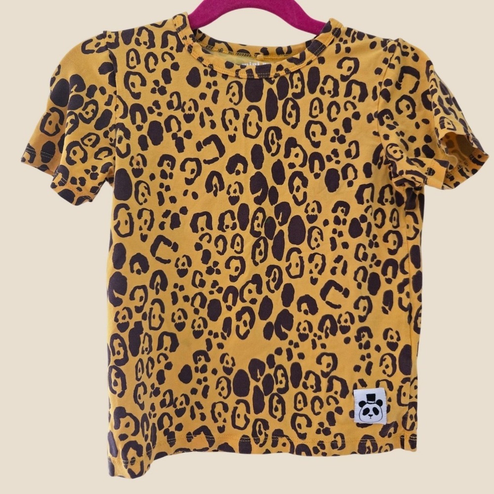 Mini Rodini Kids Yellow Leopard Print Lyocell T-Shirt Panda Patch Size 104-110